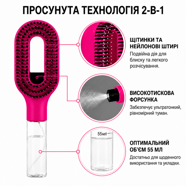 Щетка-распылитель 2 в 1 для волос с резервуаром для воды (малиновый) 3253247 фото